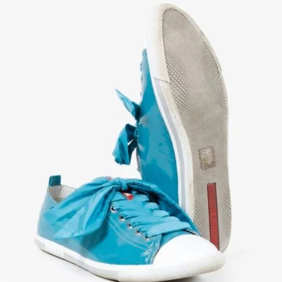 Prada Blue Patent Leather Ribbon Lace-Up Sneakers - Picture 4 of 10